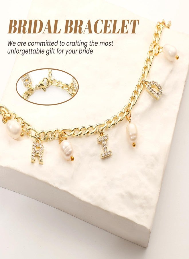 RACIOCK Gold Bride Charm Bracelet - Adjustable Pearl & Zircon Bridal Jewelry, Wedding Bangle, Bachelorette Accessory, Bridesmaid Gifts, Bridal Shower Decor and Wedding Accessory - Image 3